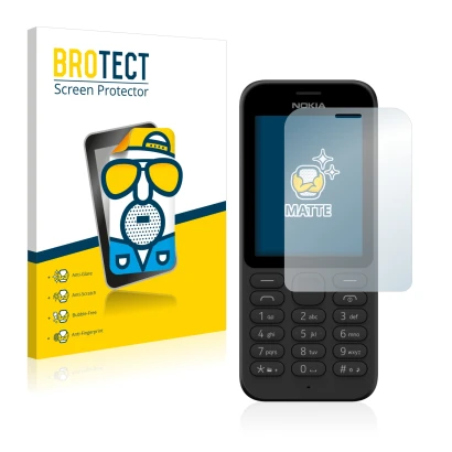 Front side of a product packaging with the brand logo BROTECT. Next to it is the device Microsoft Nokia 215 shown with the cor
