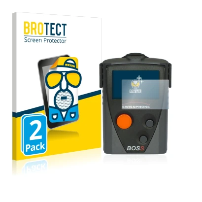 Front side of a product packaging with the brand logo BROTECT. Next to it is the device Swissphone Boss 910 shown with the cor