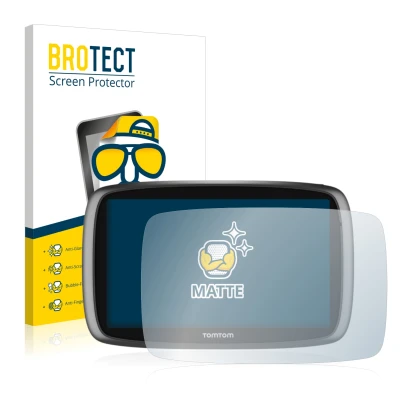 Front side of a product packaging with the brand logo BROTECT. Next to it is the device TomTom GO 6100 shown with the correspo