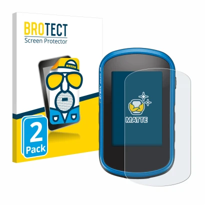 Front side of a product packaging with the brand logo BROTECT. Next to it is the device Garmin eTrex Touch 35 shown with the c
