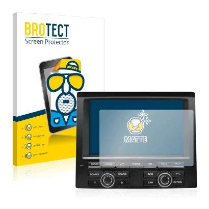 Front side of a product packaging with the brand logo BROTECT. Next to it is the device Porsche PCM Macan 2015 shown with the