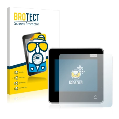 Front side of a product packaging with the brand logo BROTECT. Next to it is the device Velux Integra Control Pad KLR 200 show