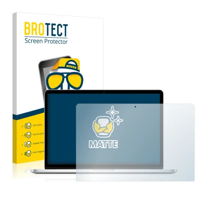 Front side of a product packaging with the brand logo BROTECT. Next to it is the device Apple MacBook Pro Retina 15" 2015 show