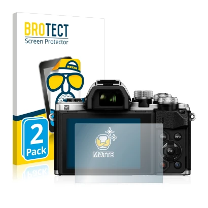 Front side of a product packaging with the brand logo BROTECT. Next to it is the device Olympus OM-D E-M10 Mark II shown with 
