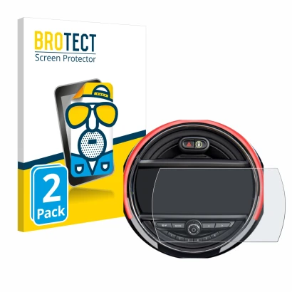 Front side of a product packaging with the brand logo BROTECT. Next to it is the device Mini Cooper R56 (6.5") shown with the 