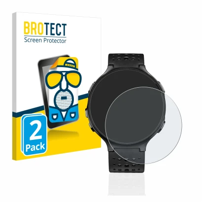 Front side of a product packaging with the brand logo BROTECT. Next to it is the device Garmin Forerunner 235 shown with the c