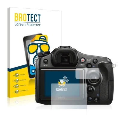 Front side of a product packaging with the brand logo BROTECT. Next to it is the device Sony Alpha 68 shown with the correspon