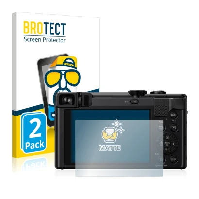 Front side of a product packaging with the brand logo BROTECT. Next to it is the device Panasonic Lumix DMC-TZ81 shown with th