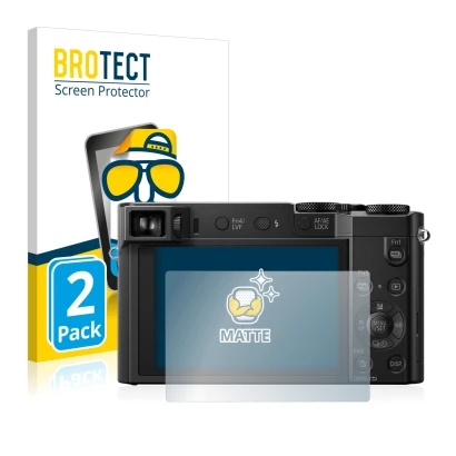 Front side of a product packaging with the brand logo BROTECT. Next to it is the device Panasonic Lumix DMC-TZ101 shown with t
