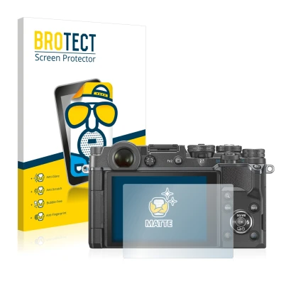 Front side of a product packaging with the brand logo BROTECT. Next to it is the device Olympus PEN-F shown with the correspon