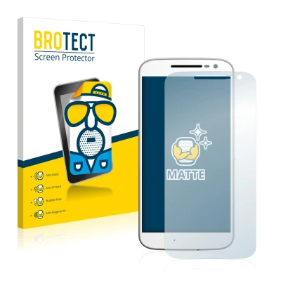 Front side of a product packaging with the brand logo BROTECT. Next to it is the device Motorola Moto G4 shown with the corres