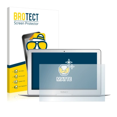 Front side of a product packaging with the brand logo BROTECT. Next to it is the device Apple MacBook Air 11" (Early 2015) sho