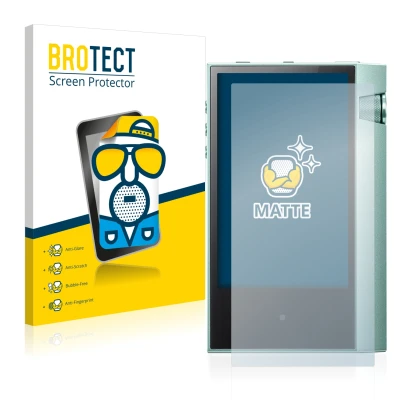 Front side of a product packaging with the brand logo BROTECT. Next to it is the device Astell&Kern AK70 shown with the corres