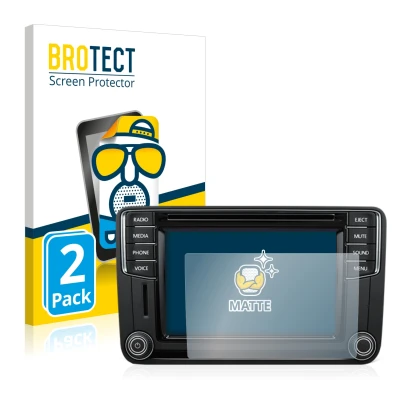 Front side of a product packaging with the brand logo BROTECT. Next to it is the device Volkswagen T6 2015 Discover Media Plus