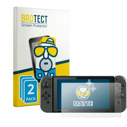 Front side of a product packaging with the brand logo BROTECT. Next to it is the device Nintendo Switch shown with the corresp