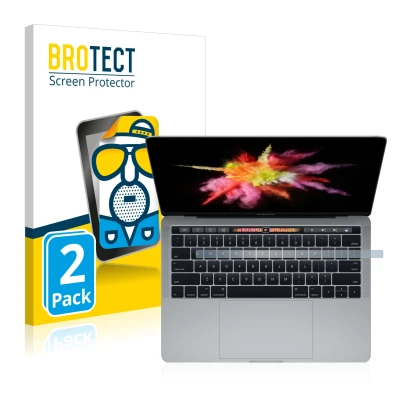 Front side of a product packaging with the brand logo BROTECT. Next to it is the device Apple MacBook Pro 13" 2017 (Lower disp