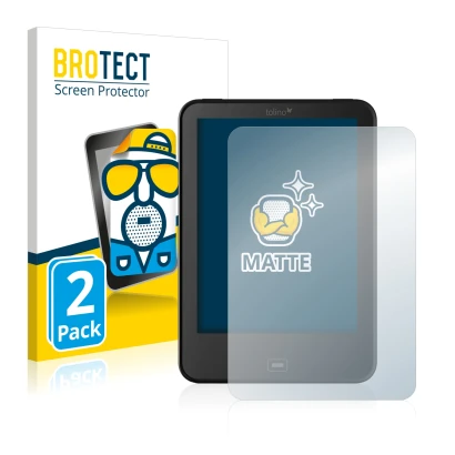 Front side of a product packaging with the brand logo BROTECT. Next to it is the device Tolino Vision 4 HD shown with the corr