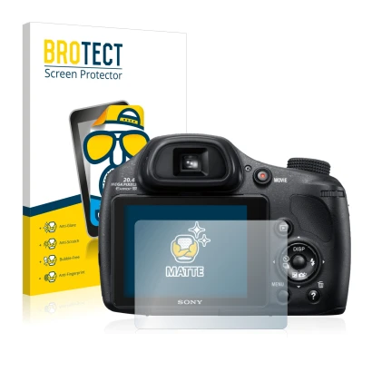 Front side of a product packaging with the brand logo BROTECT. Next to it is the device Sony Cyber-Shot DSC-HX350 shown with t