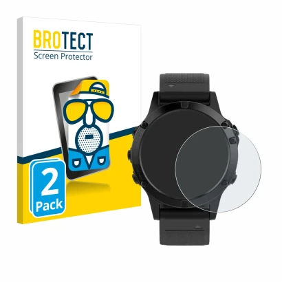 Front side of a product packaging with the brand logo BROTECT. Next to it is the device Garmin Fenix 5 (47 mm) shown with the