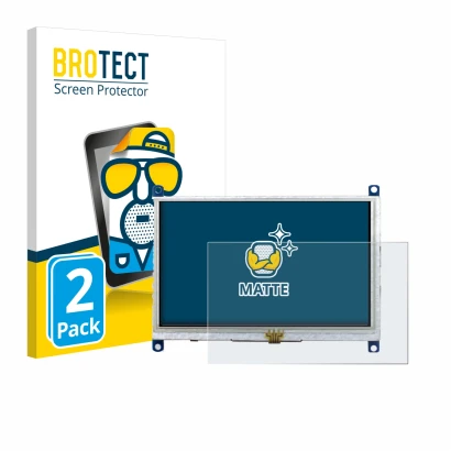 Front side of a product packaging with the brand logo BROTECT. Next to it is the device Raspberry Pi Touchscreen 5" shown with