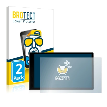 Front side of a product packaging with the brand logo BROTECT. Next to it is the device Garmin DriveSmart 61 LMT-D shown with