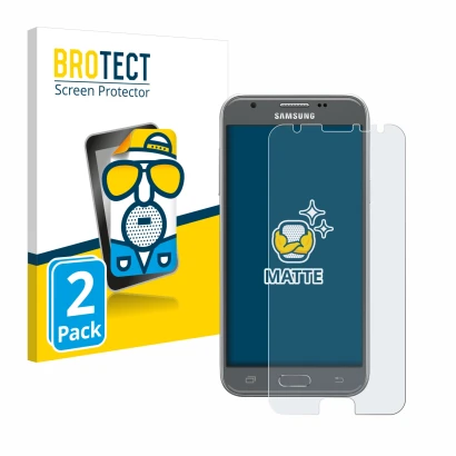 Front side of a product packaging with the brand logo BROTECT. Next to it is the device Samsung Galaxy J3 2017 shown with the 