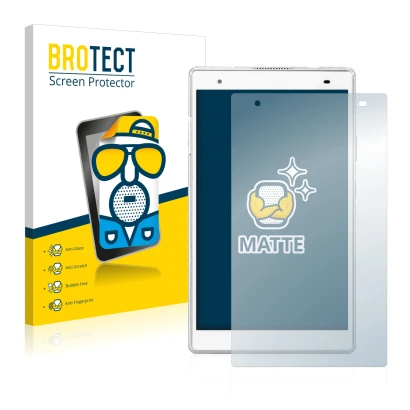Front side of a product packaging with the brand logo BROTECT. Next to it is the device Lenovo Tab 4 8 Plus shown with the cor