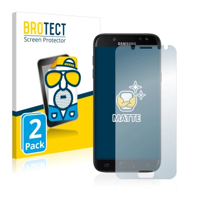 Front side of a product packaging with the brand logo BROTECT. Next to it is the device Samsung Galaxy J5 2017 shown with the 