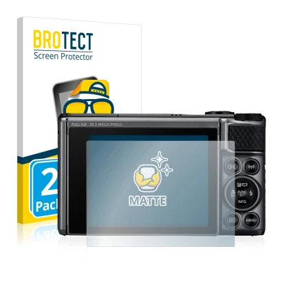 Front side of a product packaging with the brand logo BROTECT. Next to it is the device Canon PowerShot SX730 HS shown with th