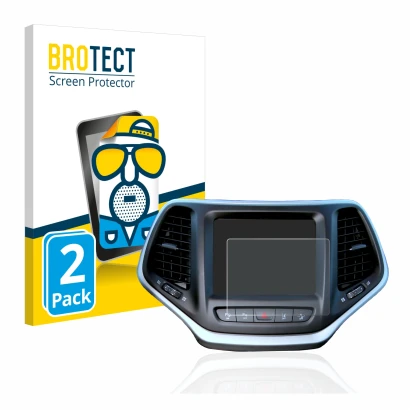 Front side of a product packaging with the brand logo BROTECT. Next to it is the device Jeep Cherokee Uconnect 8.4" shown with
