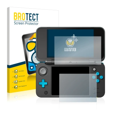 Front side of a product packaging with the brand logo BROTECT. Next to it is the device Nintendo 2DS XL shown with the corresp