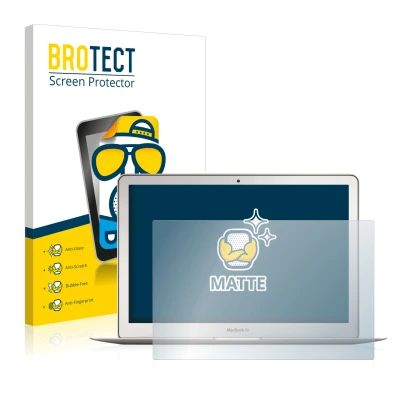 Front side of a product packaging with the brand logo BROTECT. Next to it is the device Apple MacBook Air 13" (Early 2015) sho