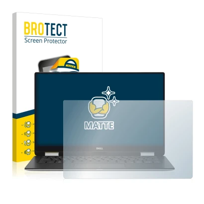 Front side of a product packaging with the brand logo BROTECT. Next to it is the device Dell XPS 13 9365 2-in-1 shown with the