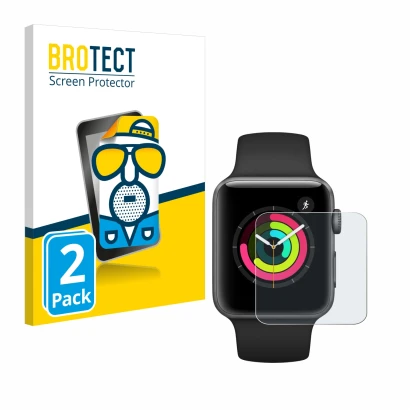 Front side of a product packaging with the brand logo BROTECT. Next to it is the device Apple Watch Series 3 (42 mm) shown wit