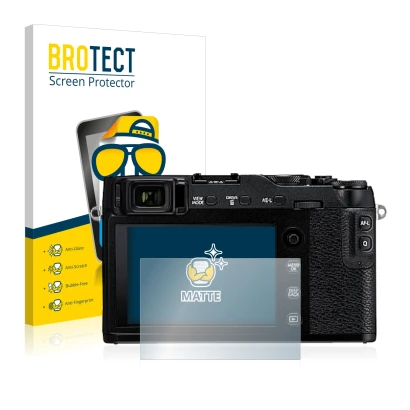 Front side of a product packaging with the brand logo BROTECT. Next to it is the device Fujifilm X-E3 shown with the correspon