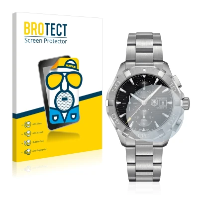 Front side of a product packaging with the brand logo BROTECT. Next to it is the device TAG Heuer Aquaracer (43 mm) shown with