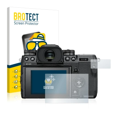 Front side of a product packaging with the brand logo BROTECT. Next to it is the device Fujifilm X-H1 shown with the correspon