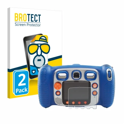 Front side of a product packaging with the brand logo BROTECT. Next to it is the device Vtech Kidizoom Duo 5.0 shown with the 