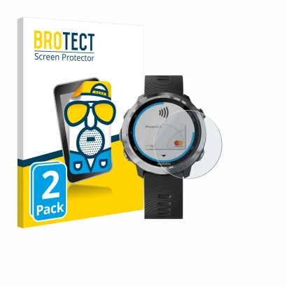 Front side of a product packaging with the brand logo BROTECT. Next to it is the device Garmin Forerunner 645 shown with the c
