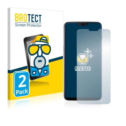 Front side of a product packaging with the brand logo BROTECT. Next to it is the device OnePlus 6 shown with the corresponding