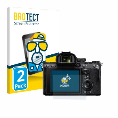 Front side of a product packaging with the brand logo BROTECT. Next to it is the device Sony Alpha 7 III (ILCE-7M3) shown with