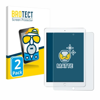 Front side of a product packaging with the brand logo BROTECT. Next to it is the device Apple iPad 9.7" 2018 (6th. Gen.) shown