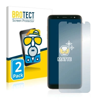 Front side of a product packaging with the brand logo BROTECT. Next to it is the device Samsung Galaxy J6 2018 shown with the 