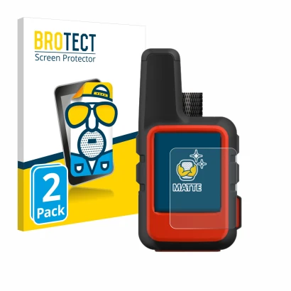 Front side of a product packaging with the brand logo BROTECT. Next to it is the device Garmin inReach Mini shown with the cor