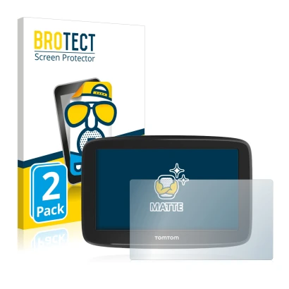 Front side of a product packaging with the brand logo BROTECT. Next to it is the device TomTom GO Basic 5" shown with the corr