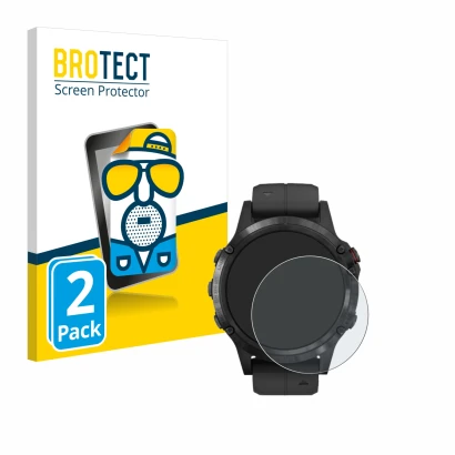 Front side of a product packaging with the brand logo BROTECT. Next to it is the device Garmin Fenix 5 Plus (47 mm) shown with