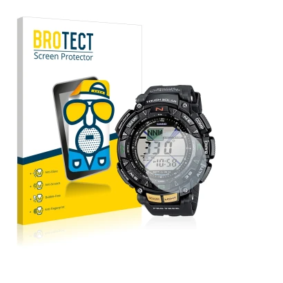 Front side of a product packaging with the brand logo BROTECT. Next to it is the device Casio Pro Trek PRG-240-1ER shown with