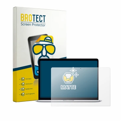Front side of a product packaging with the brand logo BROTECT. Next to it is the device Apple MacBook Pro 15" 2018 shown with