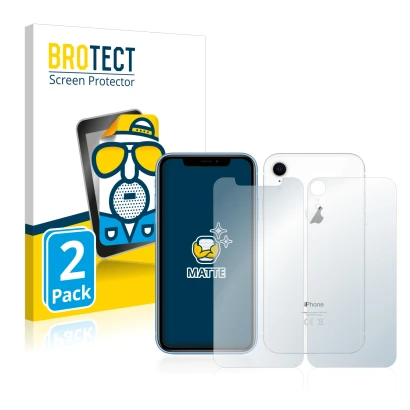 Front side of a product packaging with the brand logo BROTECT. Next to it is the device Apple iPhone XR (Front+Back) shown wit
