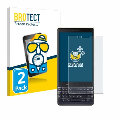 Front side of a product packaging with the brand logo BROTECT. Next to it is the device BlackBerry Key2 LE shown with the corr